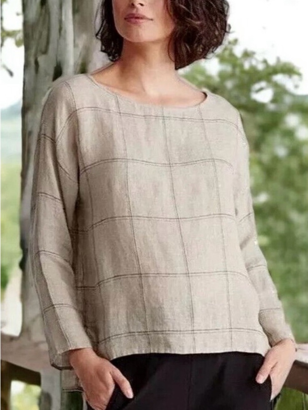 Eileen Fisher Beige Windowpane Linen Boatneck Tunic XS